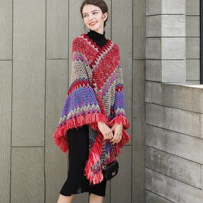 Poncho Factory - Women Knitting Bohemian Poncho Cape Tassel Winter Cloak