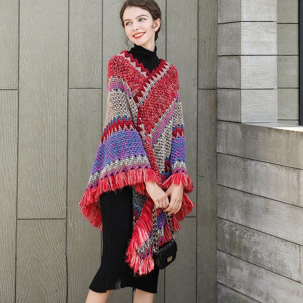 Poncho Factory - Women Knitting Bohemian Poncho Cape Tassel Winter Cloak