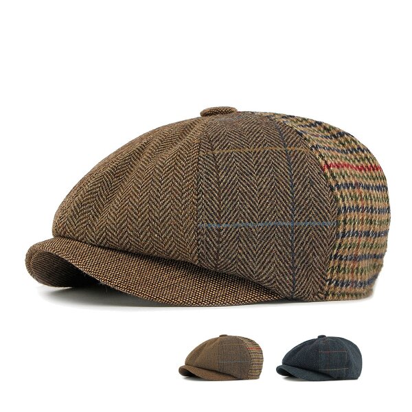 Flat Cap Supplier - British 8 Panel Herringbone Driving Cabbie Tweed Hat