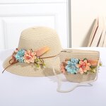 Sun Hat Set Factory - Children Straw Hat Lace Flower Bow Beach Two Piece