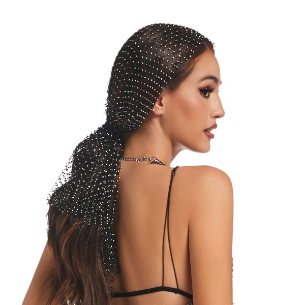 Head Scarf Factory - Fishnet Plaid Bling Rhinestone Hollow Out Head Scarf