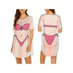 T Shirt Supplier - Women Bikini Print Funny Short Sleeve Loose Swimwear Cover