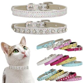Cat Collar Supplier - Shining Diamond Rhinestone Leather Strap Kitten Collar