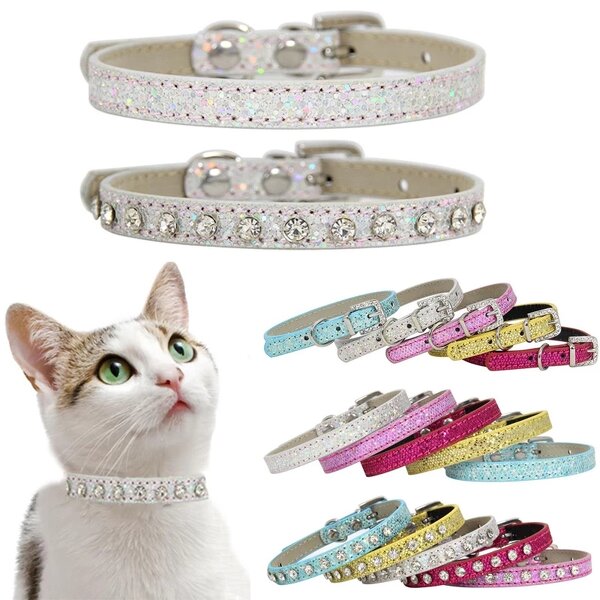 Cat Collar Supplier - Shining Diamond Rhinestone Leather Strap Kitten Collar