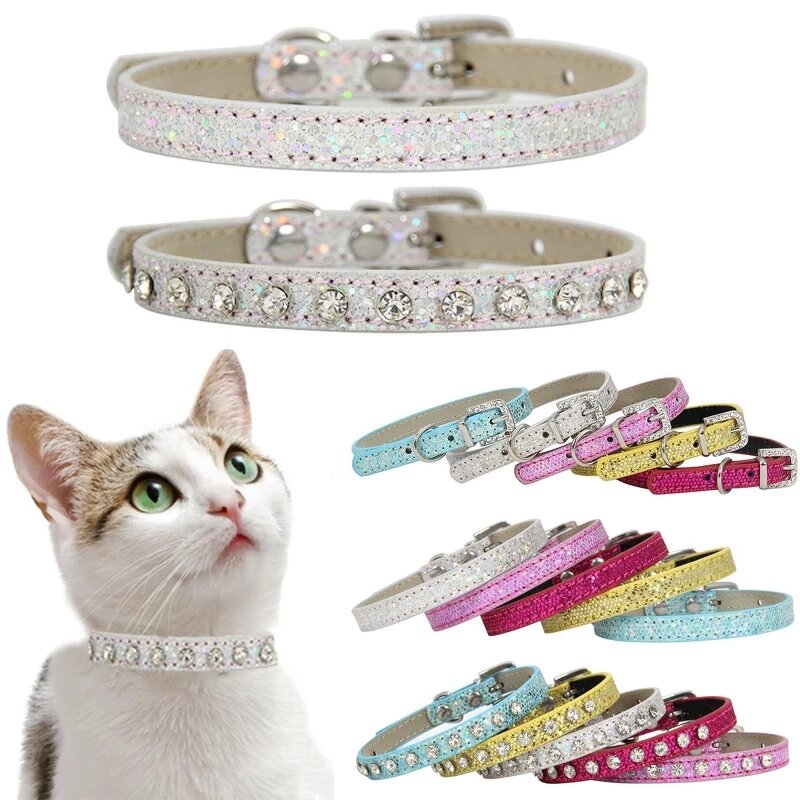 Cat Collar Supplier - Shining Diamond Rhinestone Leather Strap Kitten Collar