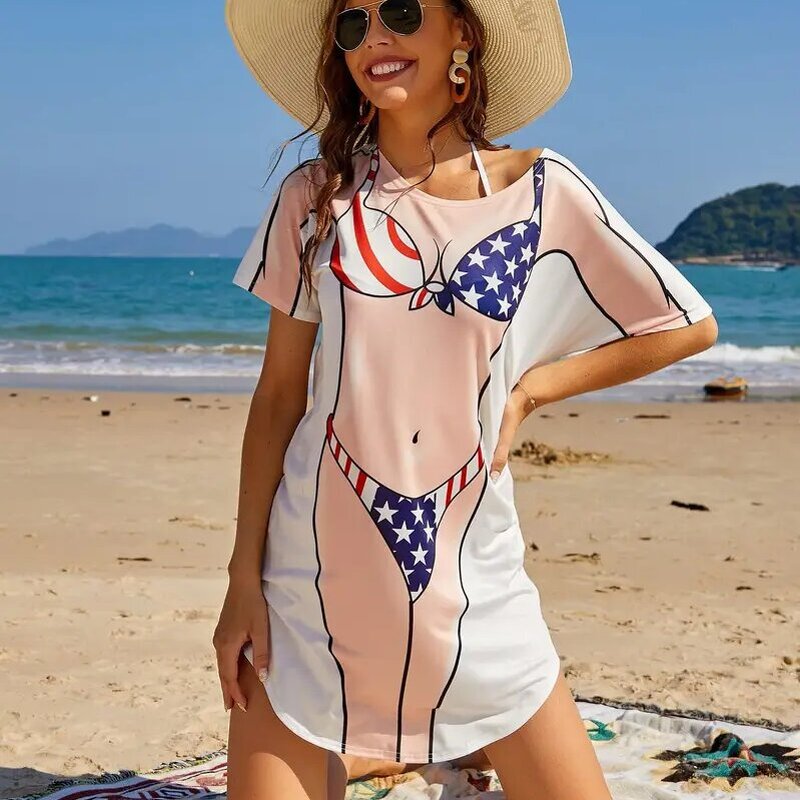 T Shirt Supplier - Women Bikini Print Funny Short Sleeve Loose Swimwear Cover