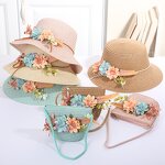 Sun Hat Set Factory - Children Straw Hat Lace Flower Bow Beach Two Piece