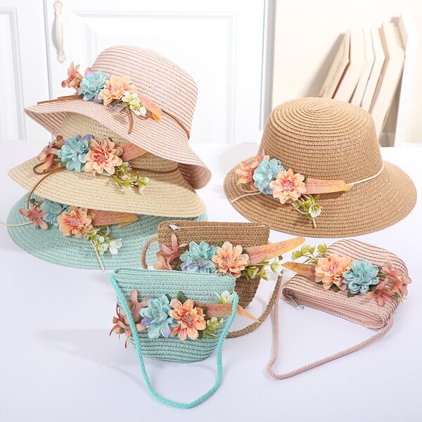 Sun Hat Set Factory - Children Straw Hat Lace Flower Bow Beach Two Piece