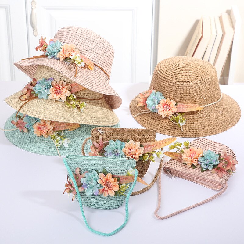 Sun Hat Set Factory - Children Straw Hat Lace Flower Bow Beach Two Piece
