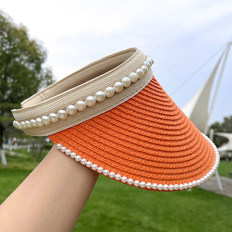 Sun Visor Manufacturer - Women Sun Visor Foldable Roll up Straw Hat Pearl