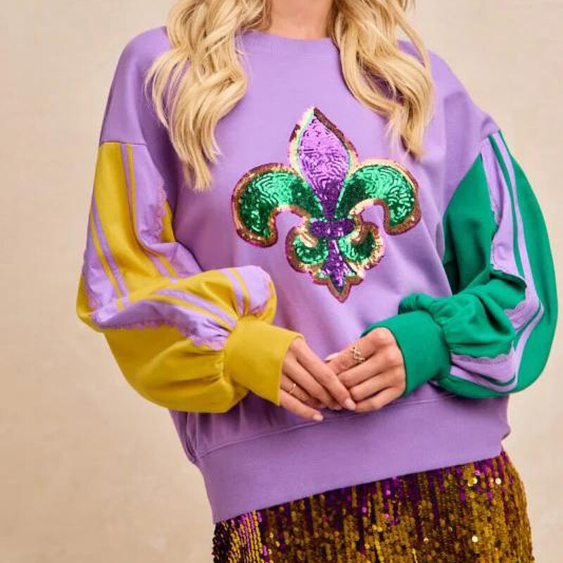 Sequin Sweatshirt Manufacturer - Mardi Gras Fleur-De-Lis Block