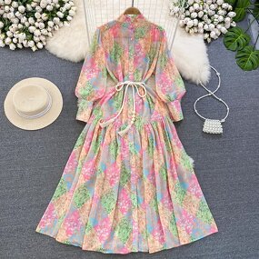 Chiffon Dress Supplier - French Floral Lace-up Bow Collar