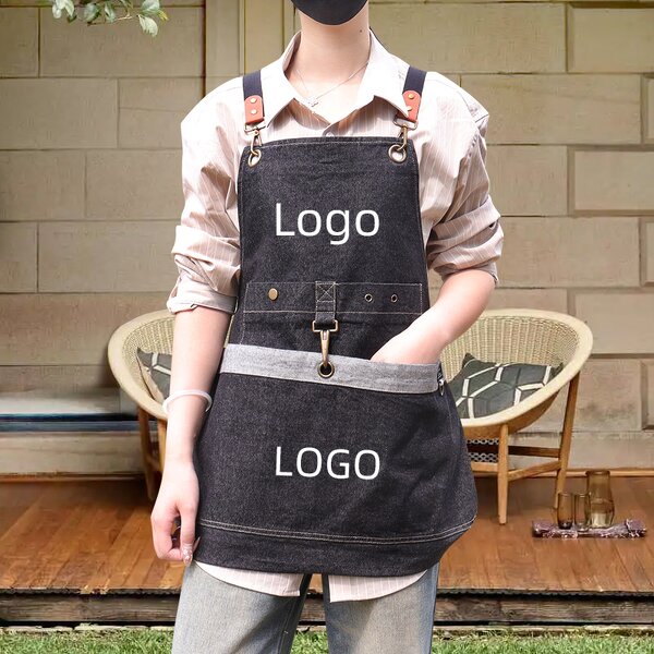 Denim Apron Supplier - Black Large Pocket Adjustable Webbed Coffee Shop Custom