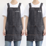 Washed Denim Apron Factory - Cotton Adjustable Straps 2 Pockets Flower Coffee