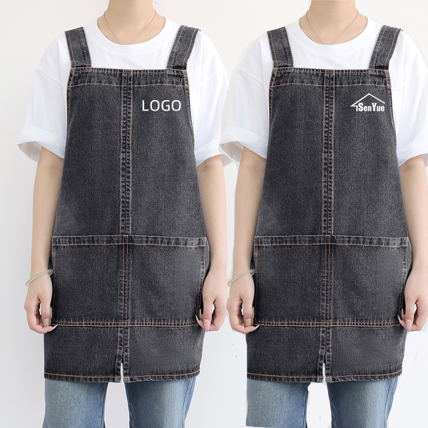 Washed Denim Apron Factory - Cotton Adjustable Straps 2 Pockets Flower Coffee