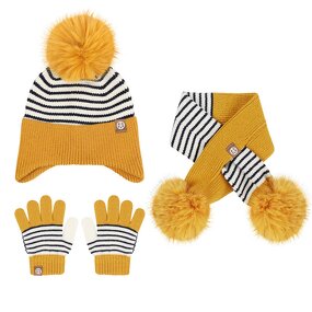 Earflap Beanie Set Factory - Lovely Stripes Knitted Pompom and Scarf Gloves 3Pieces