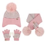 Earflap Beanie Set Factory - Lovely Stripes Knitted Pompom and Scarf Gloves 3Pieces