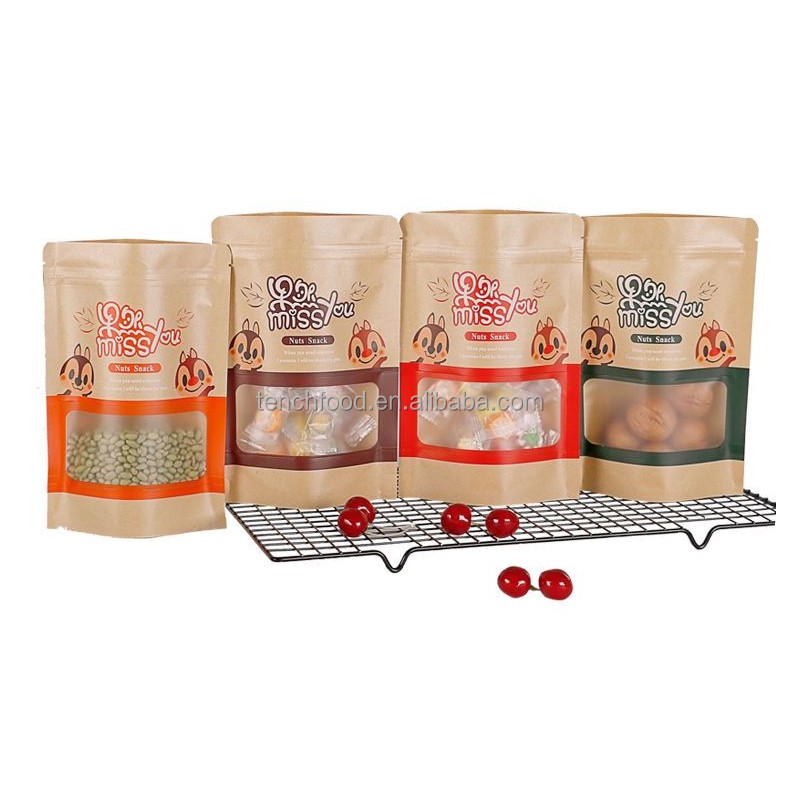 Brown Kraft Resealable Bag Flat Bottom Customized Pouch Packing Cheap Coffee Food Bag with Window