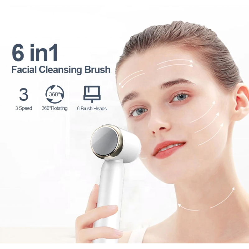 Portable Rechargeable Electric Facial Deep Cleansing Spin Brush 6 Heads Hot Cold Compress Massage Waterproof Face Wash Skin Care