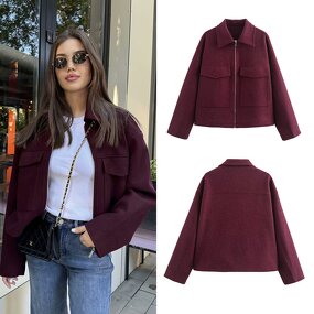 Women Coat Factory - Burgundy Oversized Pocket