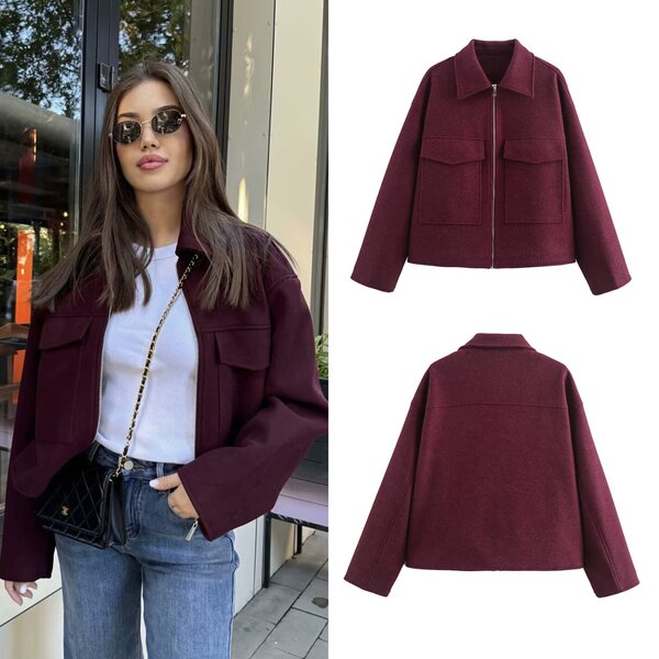 Women Coat Factory - Burgundy Oversized Pocket