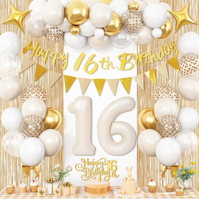 Sand White Gold Birthday Decorations Factory - Cream Gold Clear Banner Fringe Party