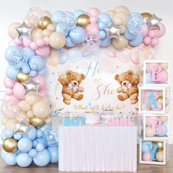 Gender Reveal Balloon Set Manufacturer - Pink Blue He or She Banner Background