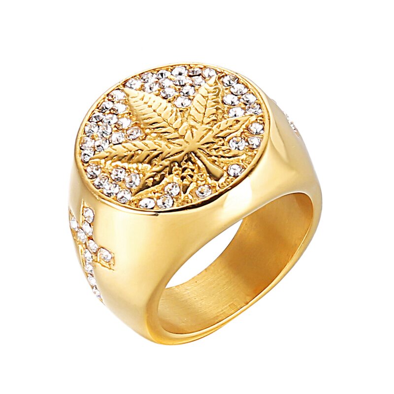 Waterproof Stainless Steel Ring Factory - 18k Gold Plated Iced Out Maple Leaf