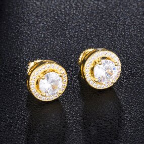 Cubic Zircon Brass Stud Earring Factory - Round Hip Hop Bling Iced Out Full Paved