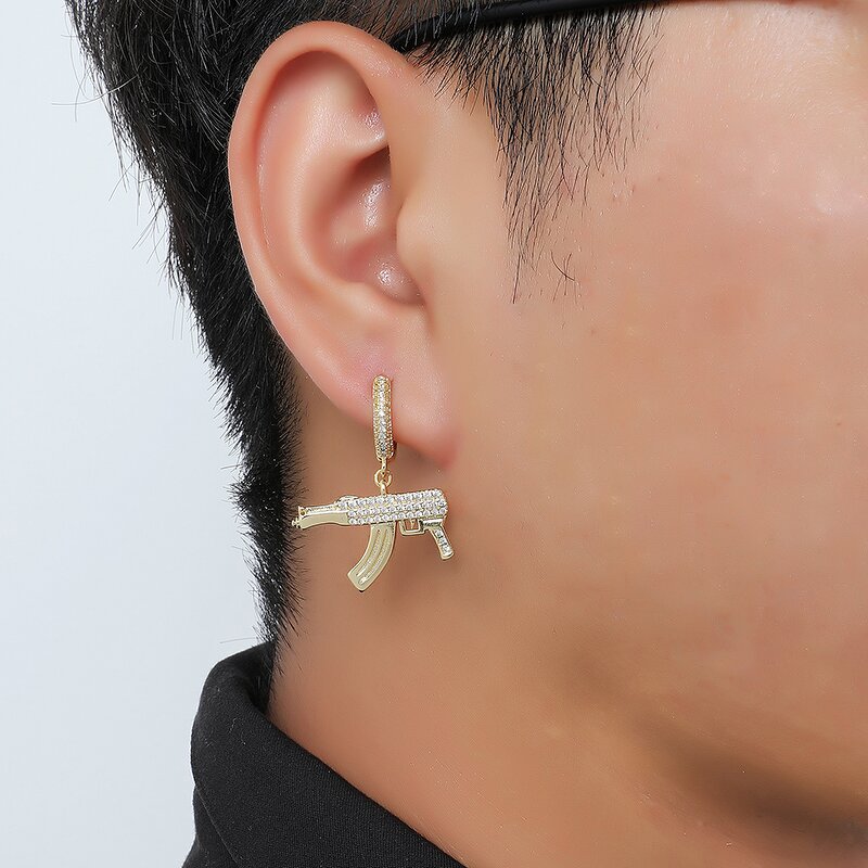 Crystal Zircon Brass AK47 Earring Factory - Hip Hop for Men Iced Out Bling