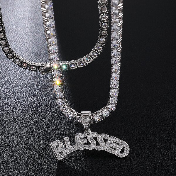 Brass BLESSED Letters Pendant Manufacturer - Iced Out Bubble Necklace for Men