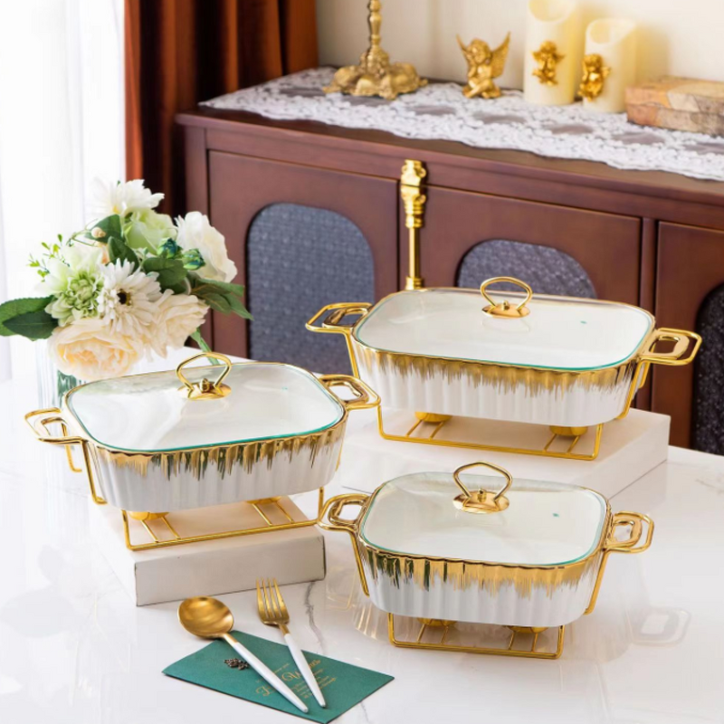 Ceramic Food Warmer Factory - OEM Gold Buffet Serving Dish Set