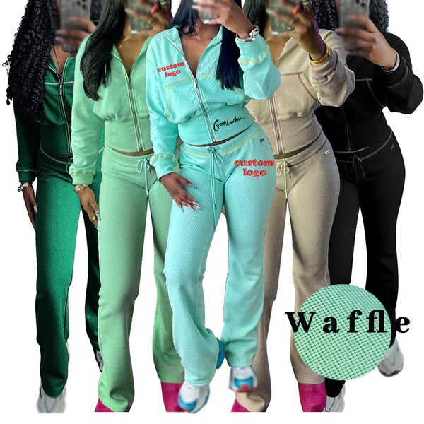 Sportswear Set Factory - Custom Logo Waffle Zip up Hoodie Pants