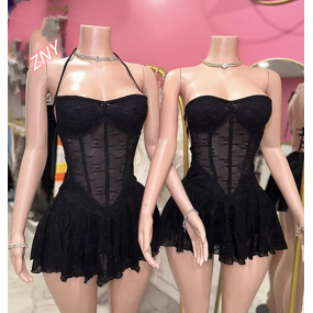 Mini Dress Women Factory - Lace Mesh Spaghetti Strap Backless