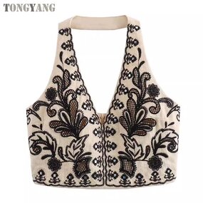 Tank Top Factory - OEM 2024 Summer Embroidery Halter Neck