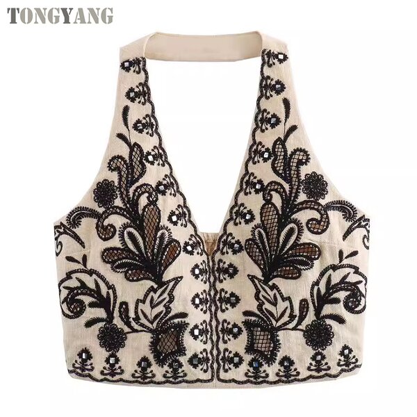 Tank Top Factory - OEM 2024 Summer Embroidery Halter Neck