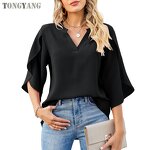 Chiffon Shirt Factory - OEM Summer Petal Sleeve Loose V-neck