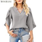 Chiffon Shirt Factory - OEM Summer Petal Sleeve Loose V-neck