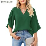 Chiffon Shirt Factory - OEM Summer Petal Sleeve Loose V-neck