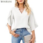 Chiffon Shirt Factory - OEM Summer Petal Sleeve Loose V-neck