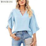 Chiffon Shirt Factory - OEM Summer Petal Sleeve Loose V-neck