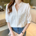 Women's Shirt Factory - OEM Summer Retro V-neck Embroidered