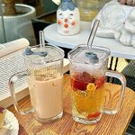 Drinkware Supplier - Glass with Handle Striped Cup Straw Cover Summer