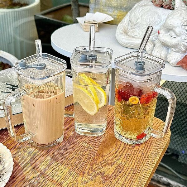 Drinkware Supplier - Glass with Handle Striped Cup Straw Cover Summer