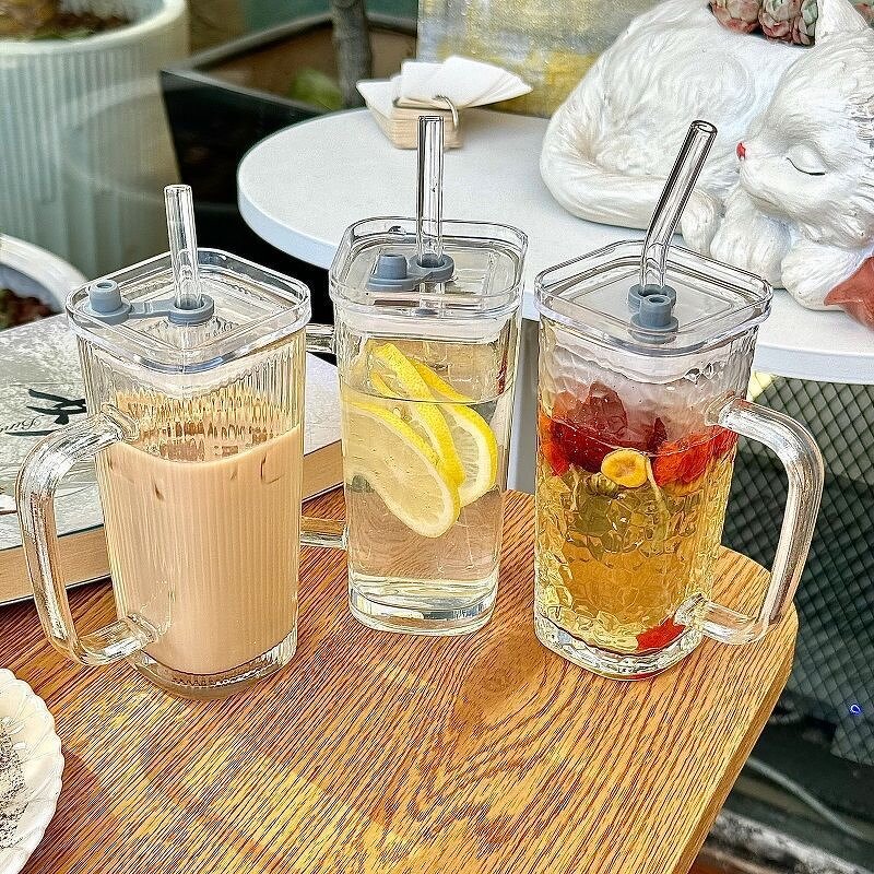 Drinkware Supplier - Glass with Handle Striped Cup Straw Cover Summer