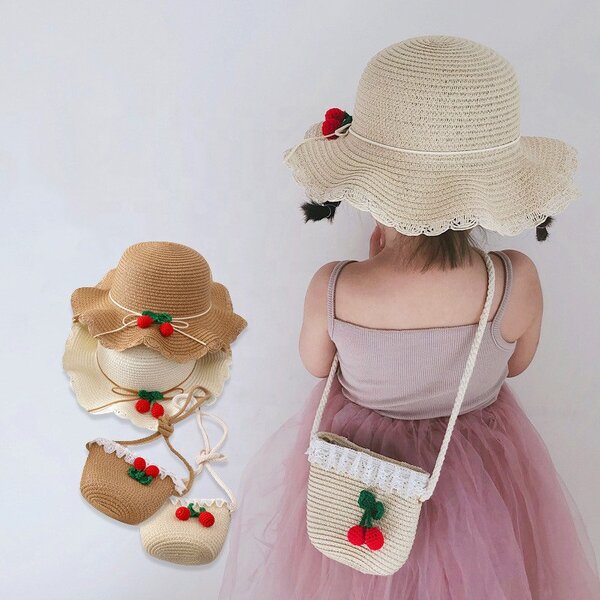 Straw Hat Set Manufacturer - Beach Bucket Cherry Bag Children Sun Hat