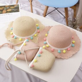 Beach Hat Set Factory - Pompom Ball Chic Straw Hat Bag for Kids