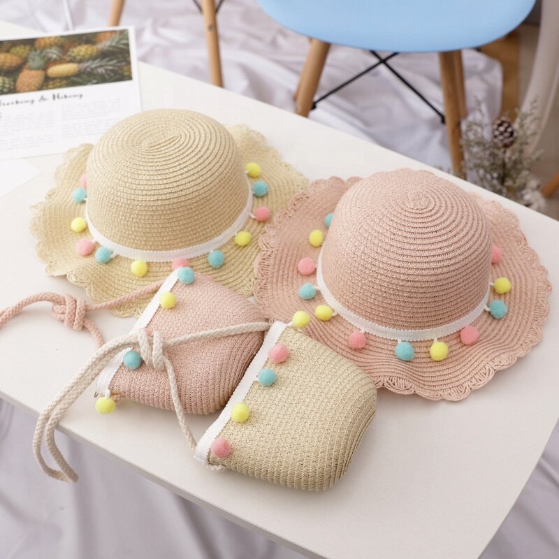 Beach Hat Set Factory - Pompom Ball Chic Straw Hat Bag for Kids