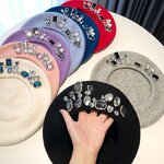 Korean Beret Factory - Rhinestone Fashion Navy Blue Pink Cap