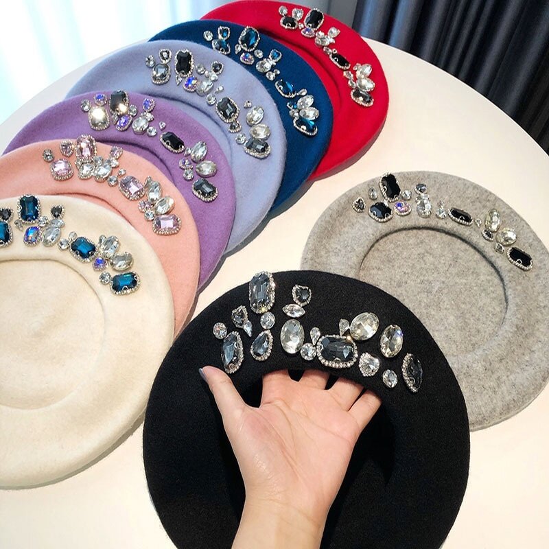 Korean Beret Factory - Rhinestone Fashion Navy Blue Pink Cap